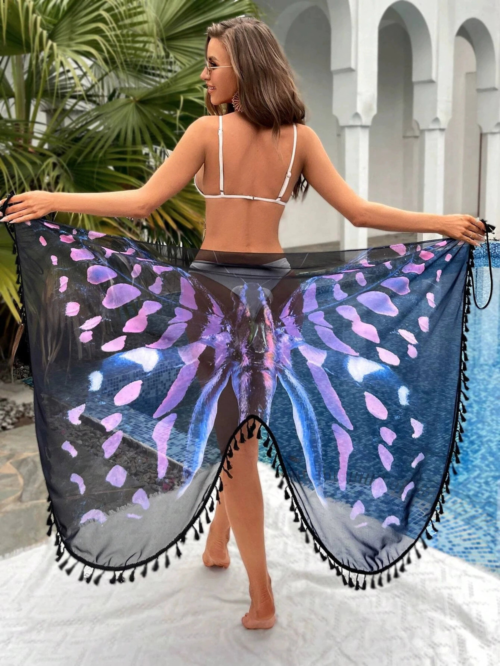 ZARA Purple Butterfly Print Tassel Mesh Beach Cover Up Sun Protection